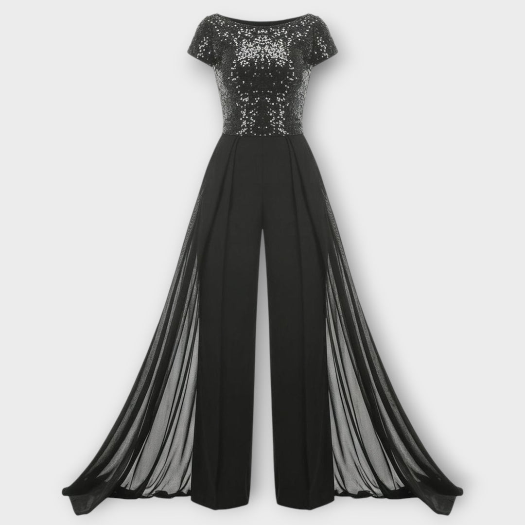 Elegant Sequin Bodice Jumpsuit with Flowing Overlay