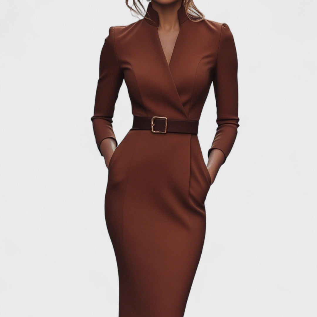 Refined black dress with belt and mandarin collar