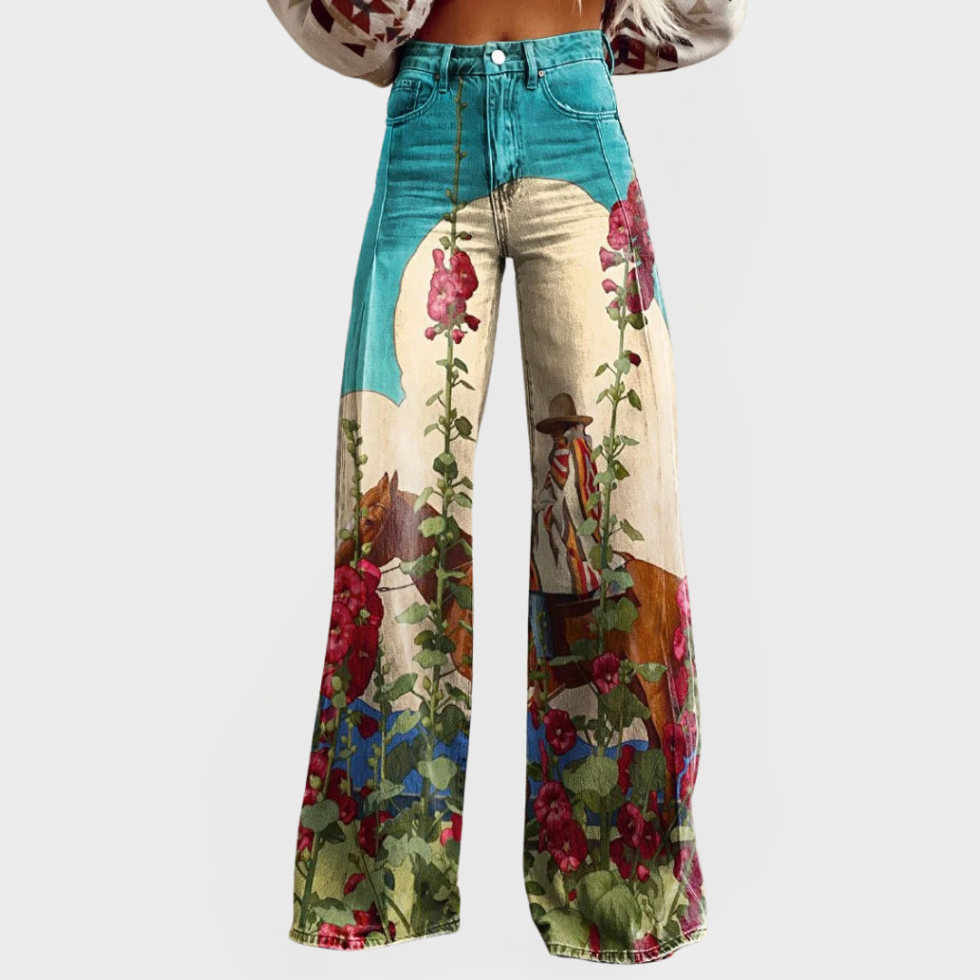 Stylish Jeans with Floral Pattern and Wide Legs