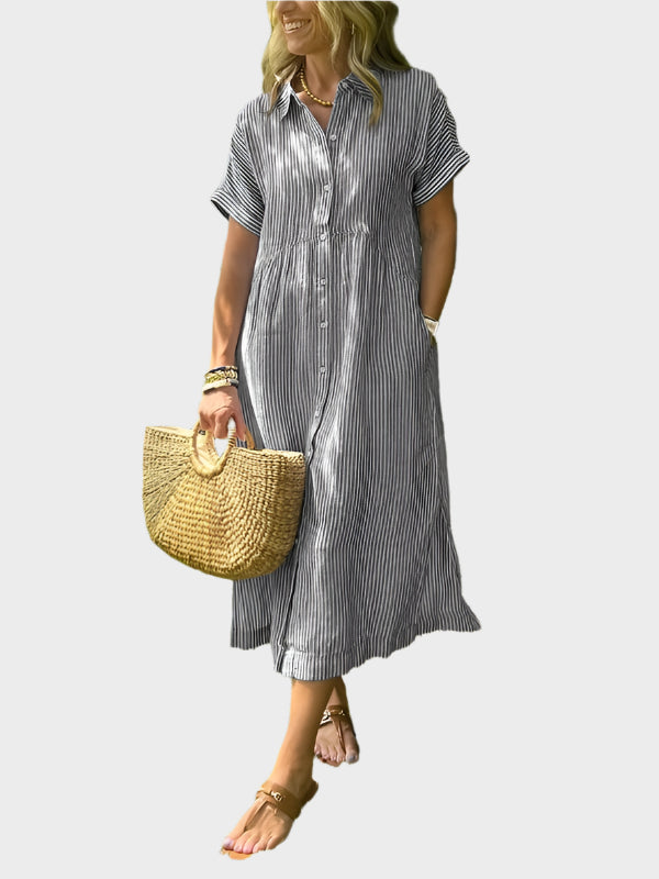 Striped Shirt Dress with Flaps, Buttons and Functional Pockets