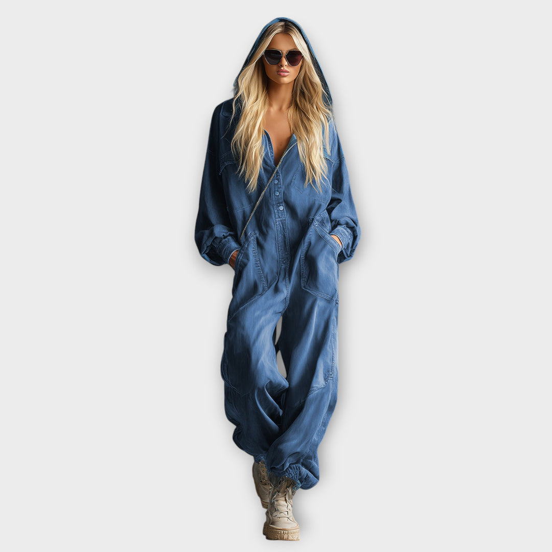 Hooded Blue Denim Jumpsuit
