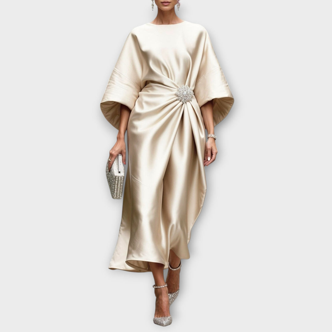 Elegant Satin Evening Gown with Embellished Waist Detail