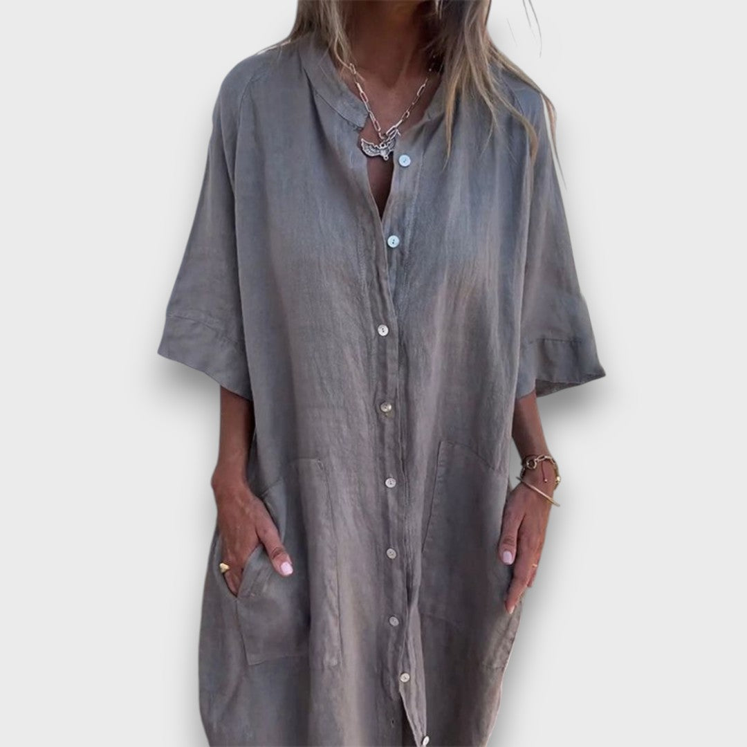 Linen Shirt Dress with Buttons and Pockets