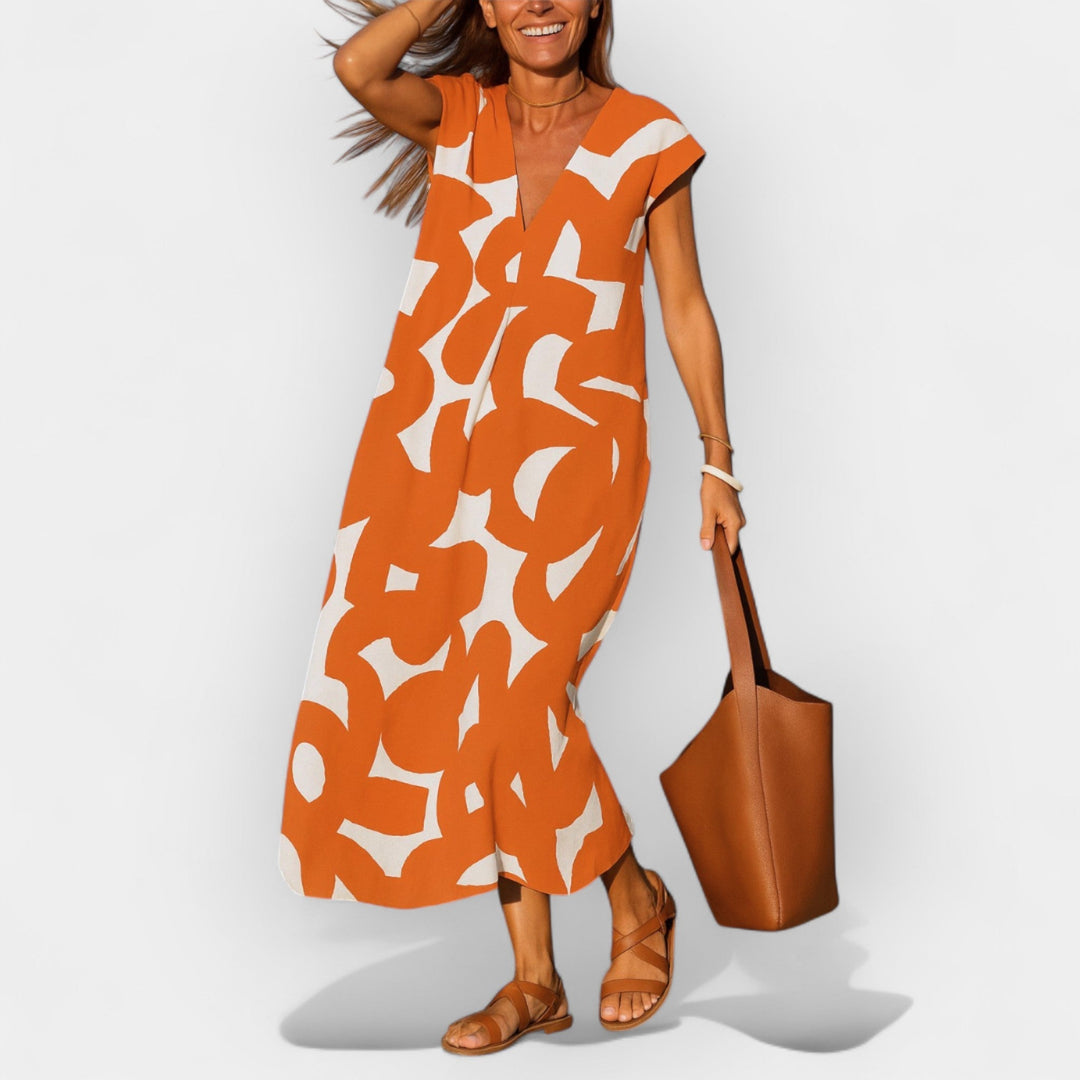 Airy Dress with V Neckline and Modern Design