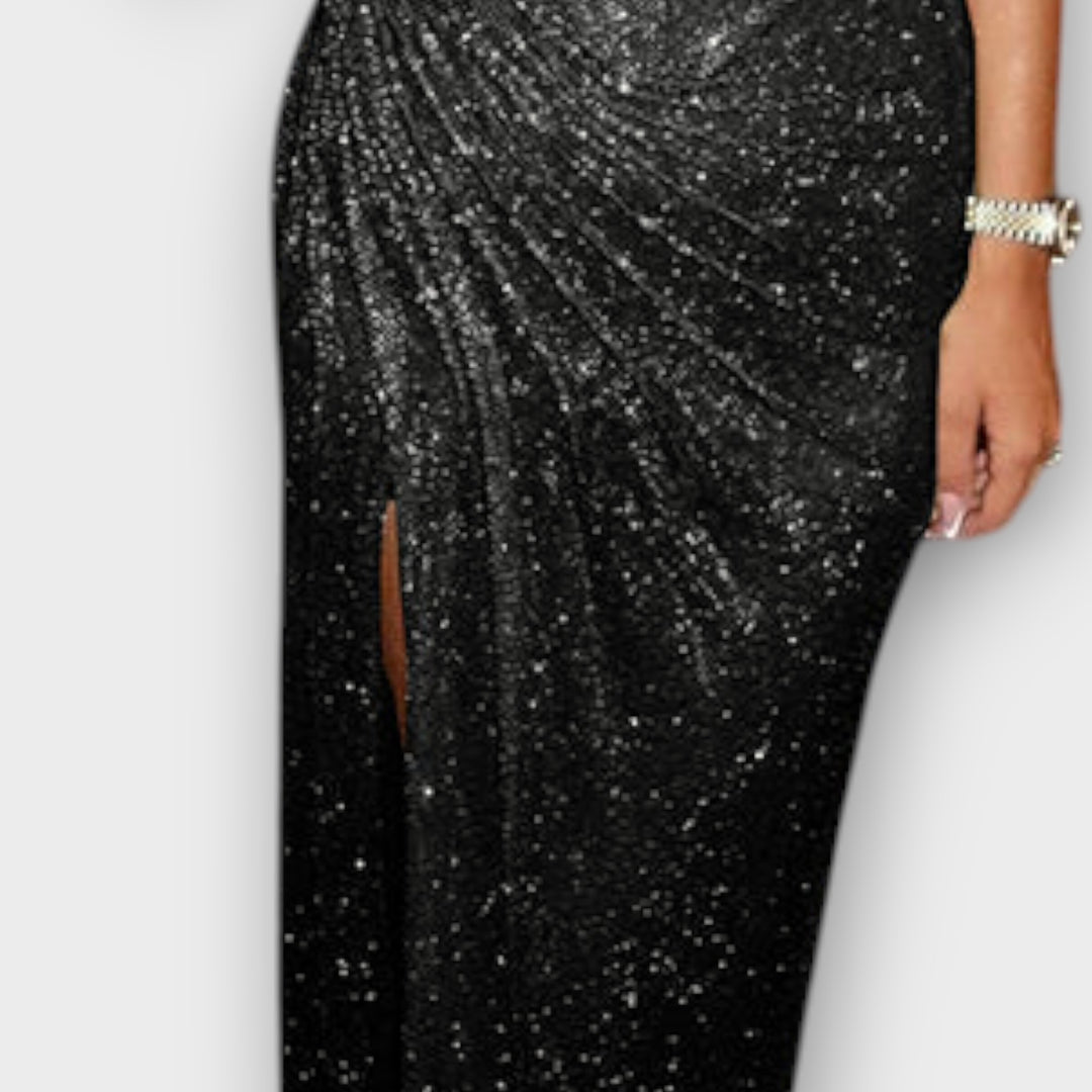 Off-Shoulder Draped Evening Gown with Slit Detail
