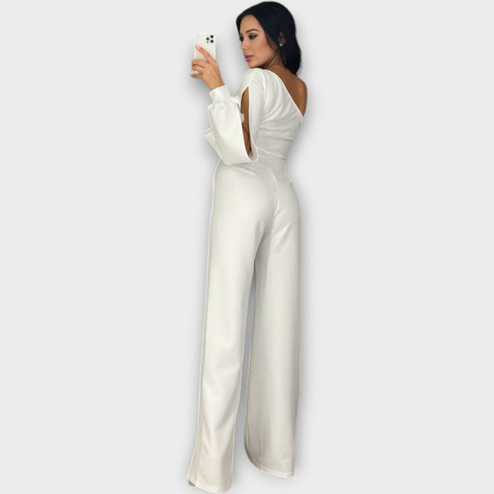 Asymmetric One-Shoulder Jumpsuit with Sheer Embellished Panel