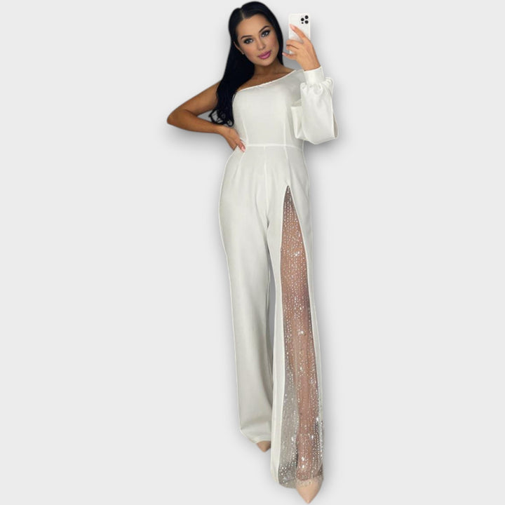 Asymmetric One-Shoulder Jumpsuit with Sheer Embellished Panel