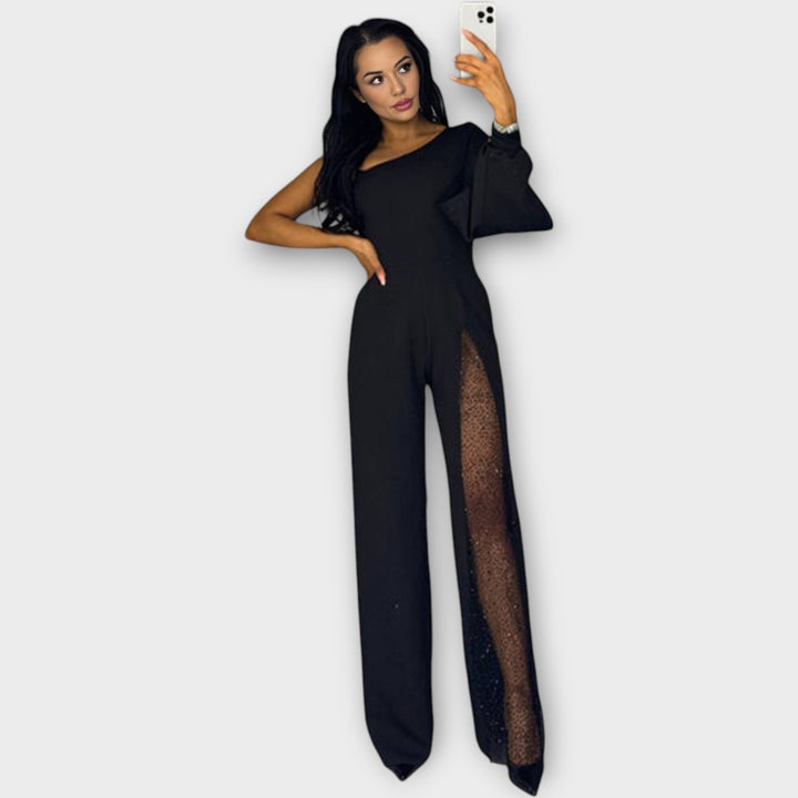 Asymmetric One-Shoulder Jumpsuit with Sheer Embellished Panel