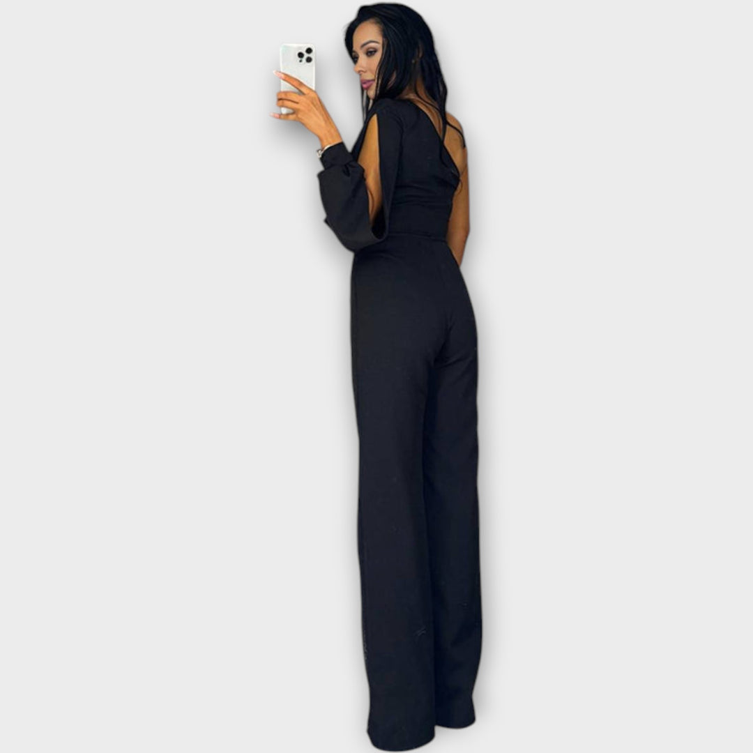 Asymmetric One-Shoulder Jumpsuit with Sheer Embellished Panel