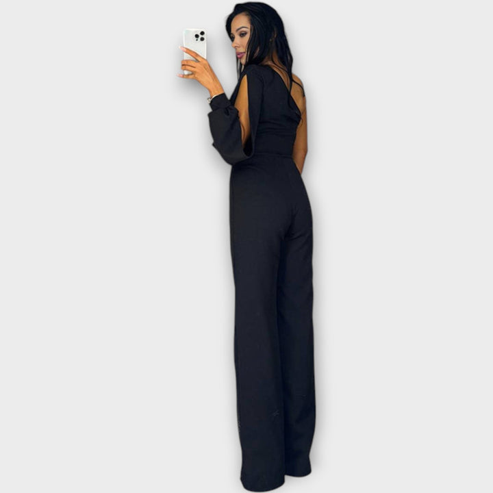 Asymmetric One-Shoulder Jumpsuit with Sheer Embellished Panel