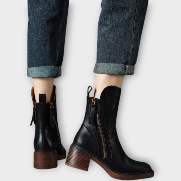 Sleek Zip-Up Mid-Heel Ankle Boots