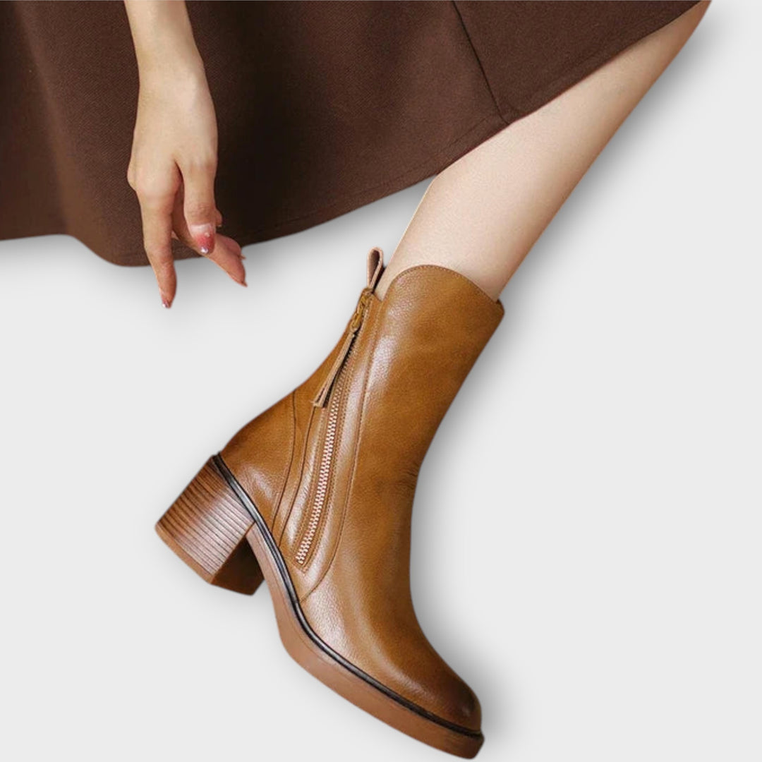 Sleek Zip-Up Mid-Heel Ankle Boots