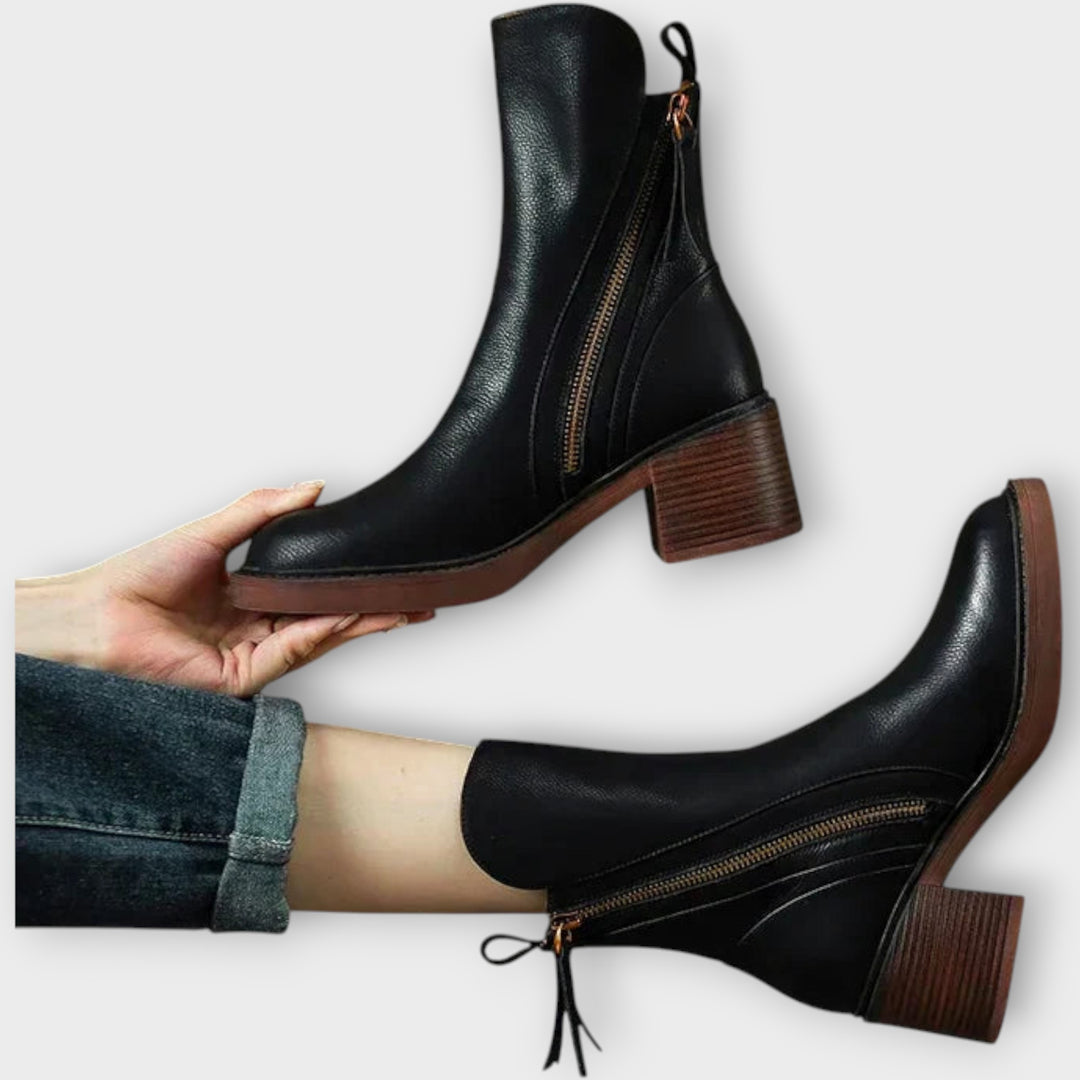 Sleek Zip-Up Mid-Heel Ankle Boots