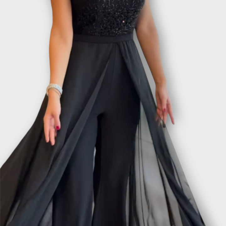 Elegant Sequin Bodice Jumpsuit with Flowing Overlay