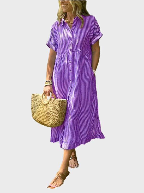 Striped Shirt Dress with Flaps, Buttons and Functional Pockets