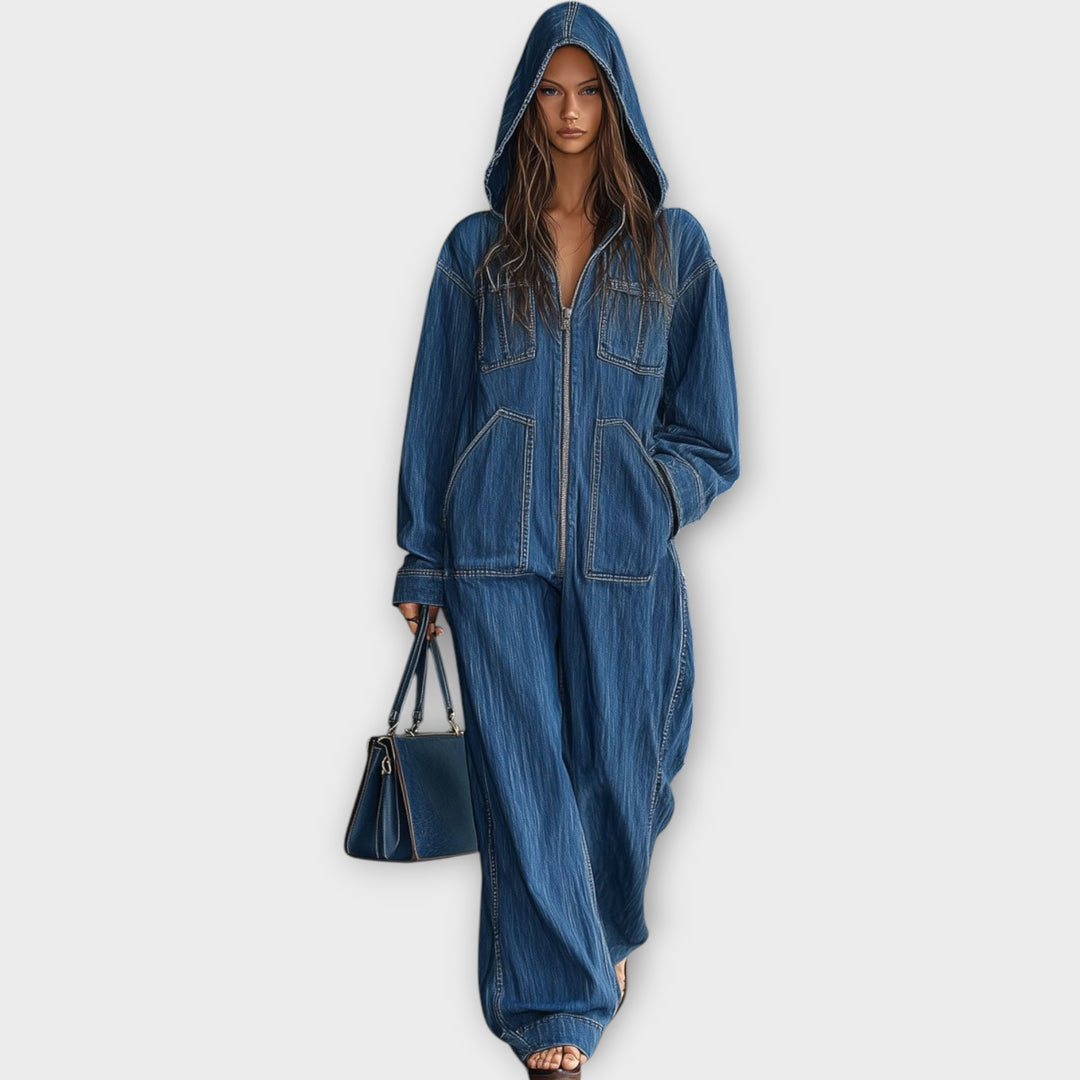 Relaxed Hooded Denim Jumpsuit