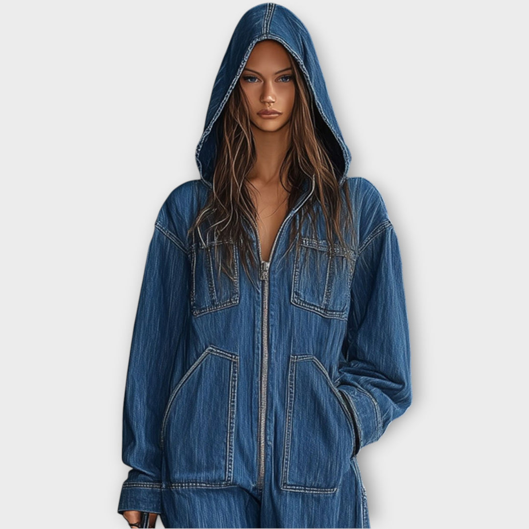 Relaxed Hooded Denim Jumpsuit