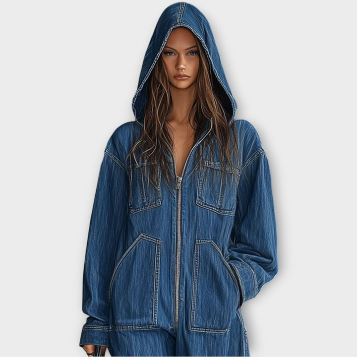 Relaxed Hooded Denim Jumpsuit