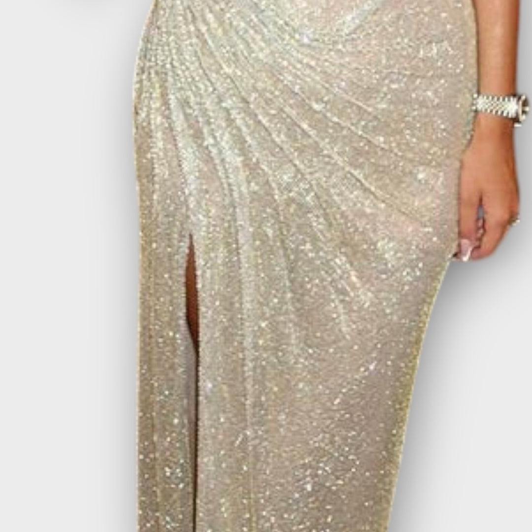 Off-Shoulder Draped Evening Gown with Slit Detail