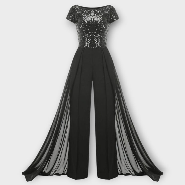 Elegant Sequin Bodice Jumpsuit with Flowing Overlay