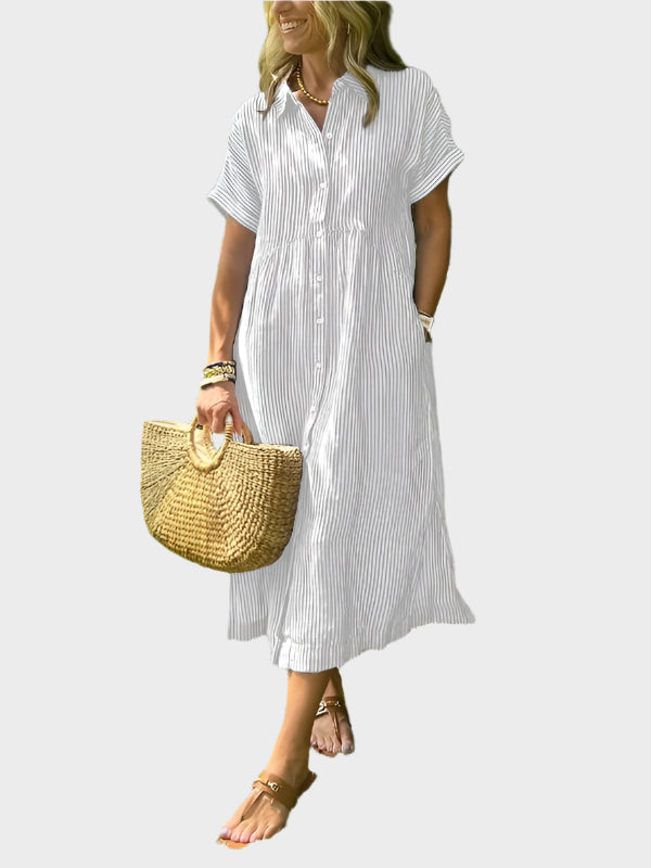 Striped Shirt Dress with Flaps, Buttons and Functional Pockets
