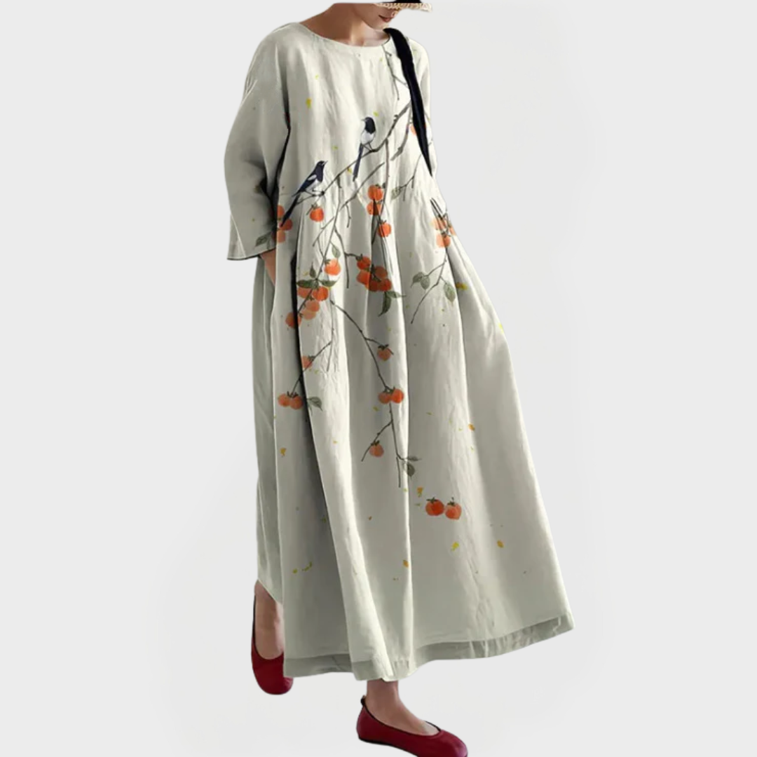 Elegant Maxi Linen Dress with Embroidered Floral Lace