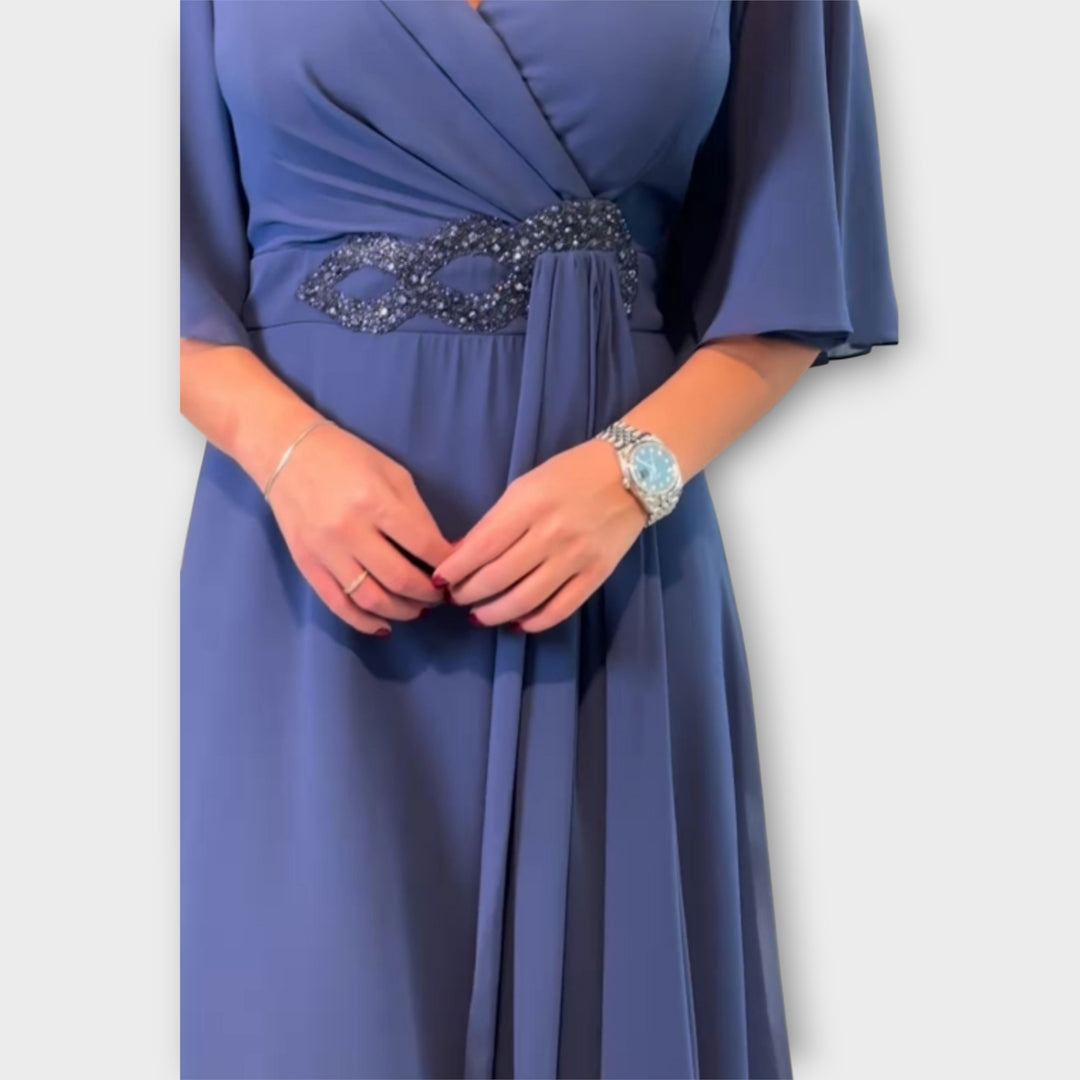 Elegant Draped Wrap Dress with Flowing Sleeves