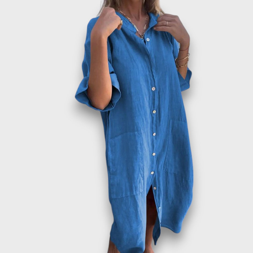 Linen Shirt Dress with Buttons and Pockets