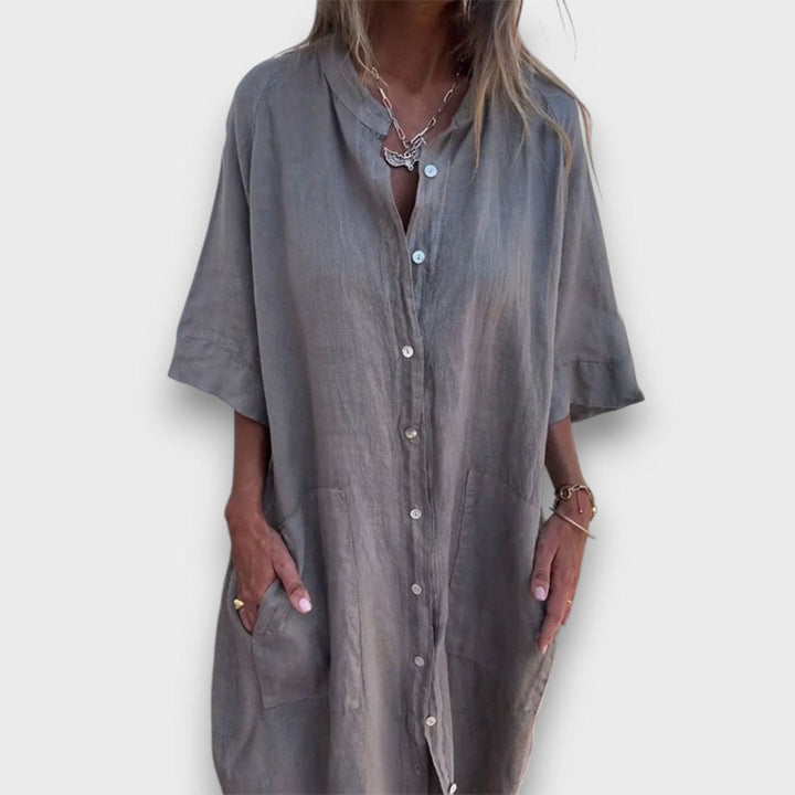 Linen Shirt Dress with Buttons and Pockets