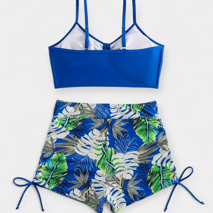 High-Waisted Bikini with Tropical Print and Straps