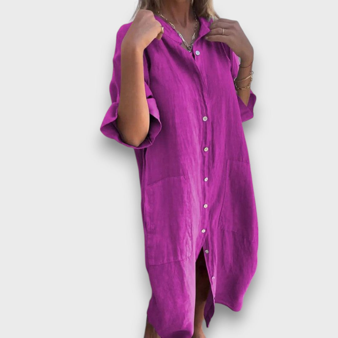 Linen Shirt Dress with Buttons and Pockets
