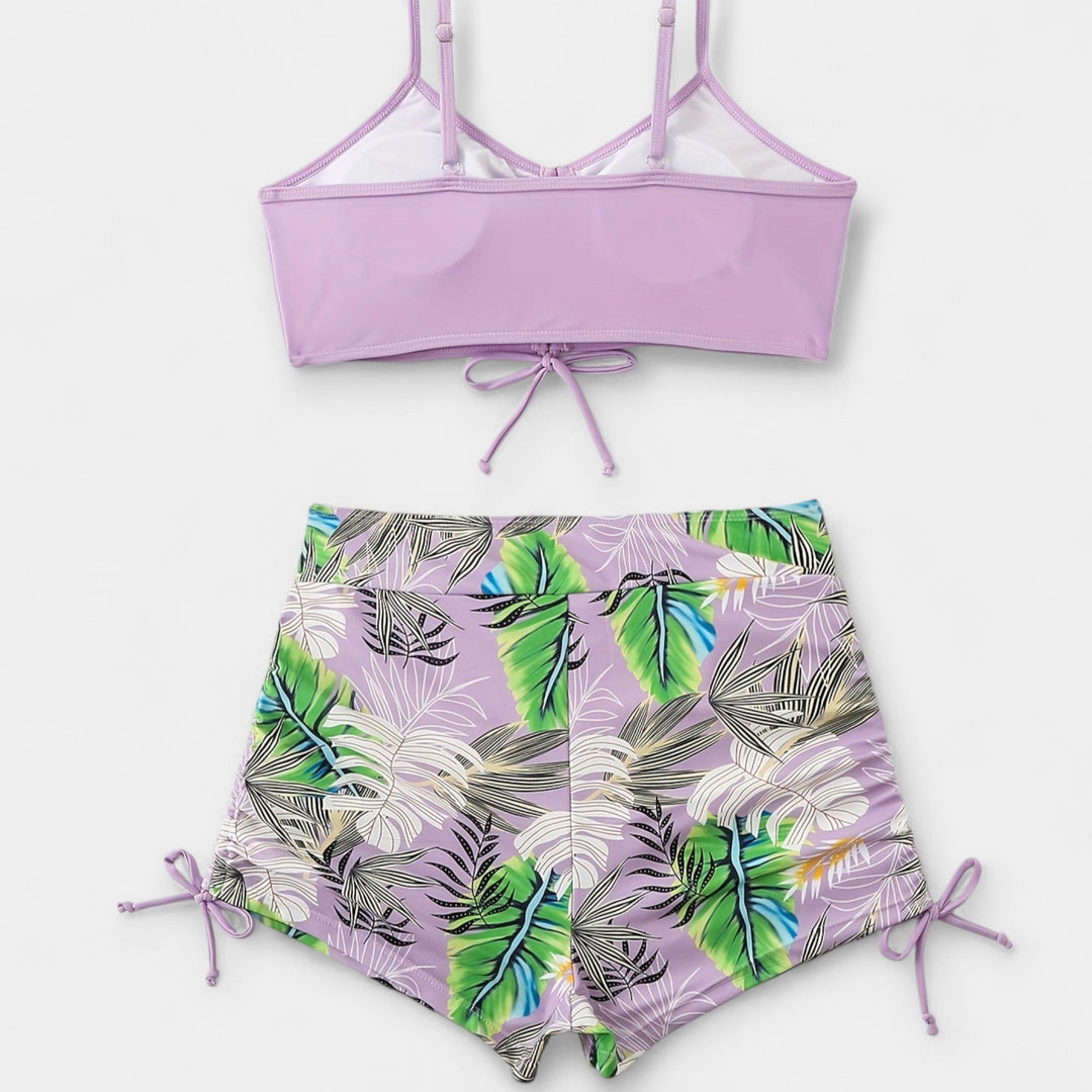 High-Waisted Bikini with Tropical Print and Straps