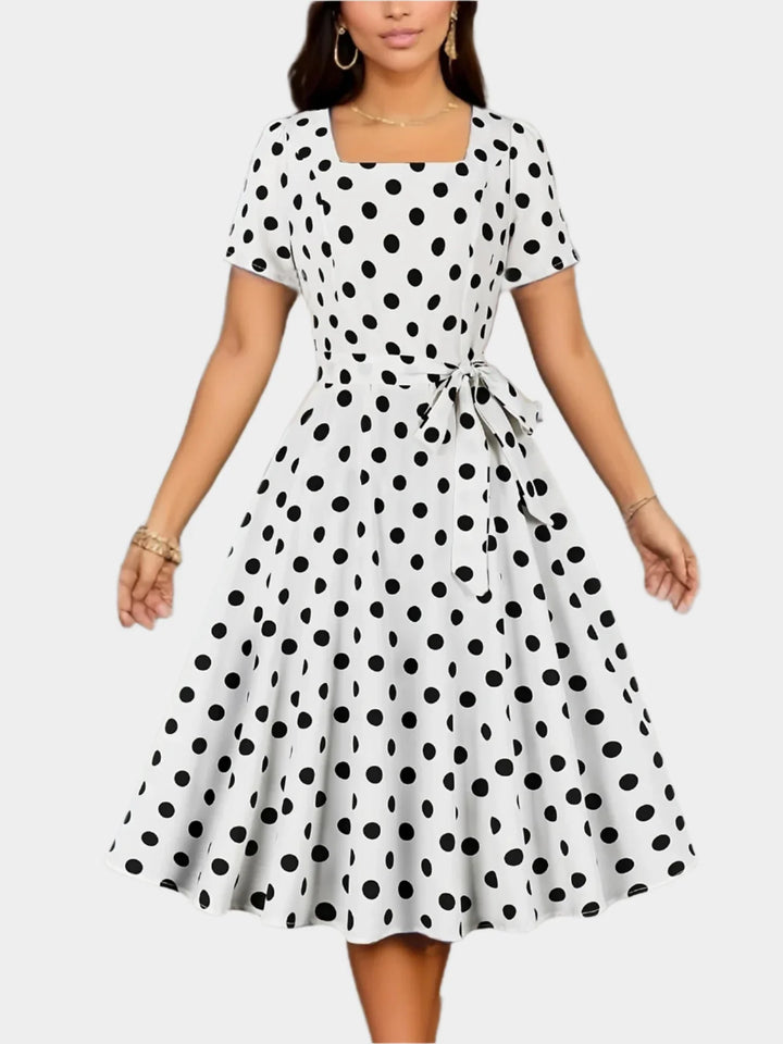 Retro Polka Dot Dress with Belt and Square Neckline