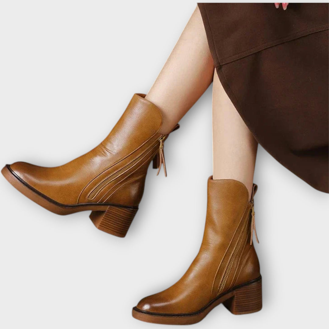 Sleek Zip-Up Mid-Heel Ankle Boots