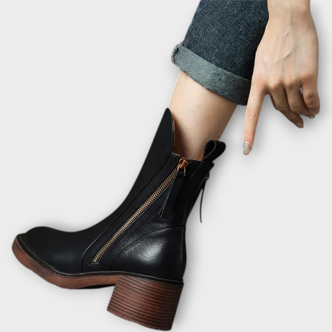 Sleek Zip-Up Mid-Heel Ankle Boots