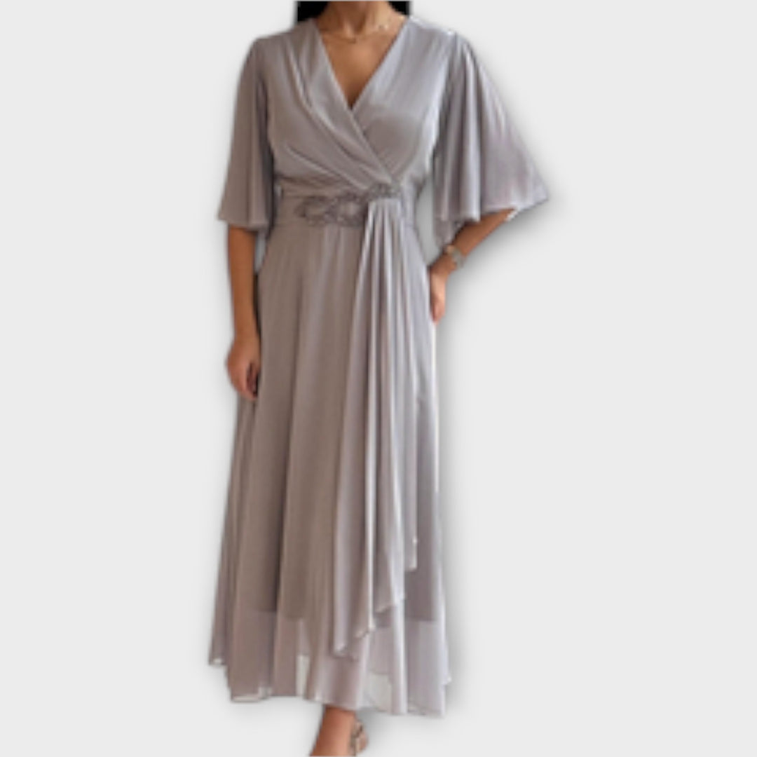 Elegant Draped Wrap Dress with Flowing Sleeves