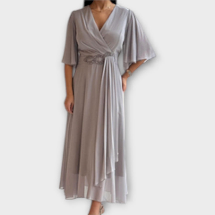 Elegant Draped Wrap Dress with Flowing Sleeves