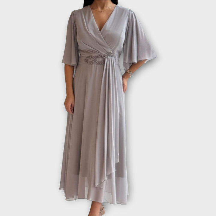 Elegant Draped Wrap Dress with Flowing Sleeves