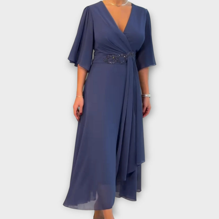Elegant Draped Wrap Dress with Flowing Sleeves