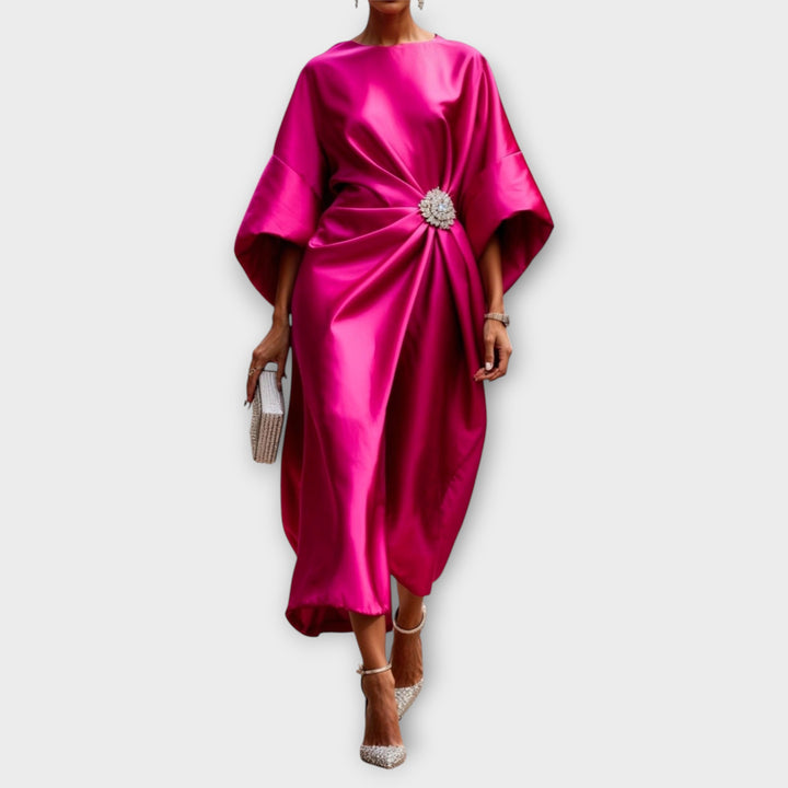 Elegant Satin Evening Gown with Embellished Waist Detail