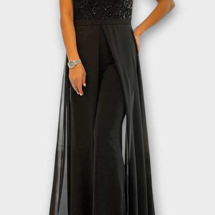 Elegant Sequin Bodice Jumpsuit with Flowing Overlay
